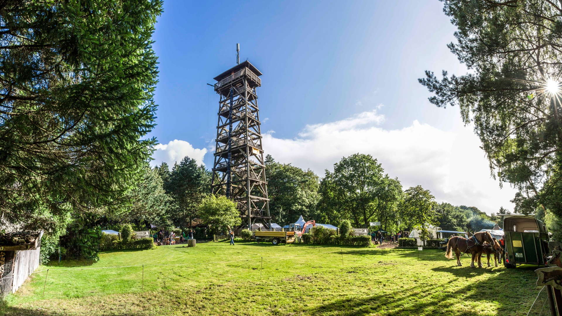 Der 31 Meter hohe Elbblickturm im Wildpark Schwarze Berge mit einem Ausblick bis nach Hamburg über den Hafen